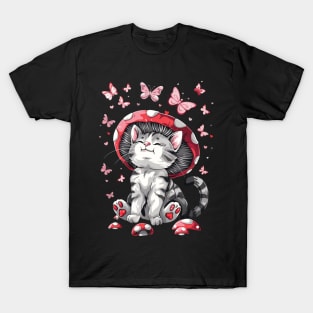 Mushroom Cat With Butterflies T-Shirt